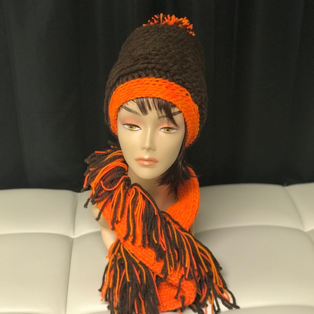 Dark taupe and orange thick infinity scarf set .